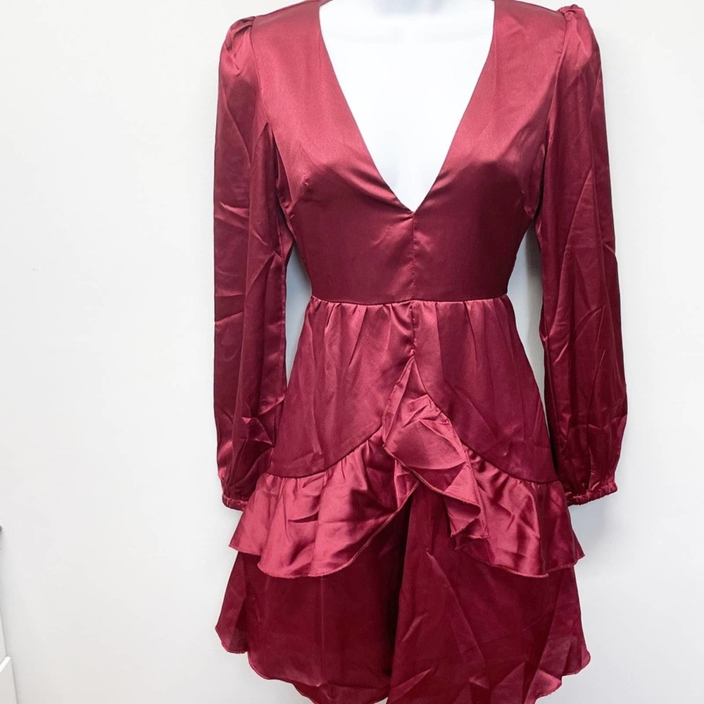Showpo White Lies Mini Dress Wine Satin Size 2